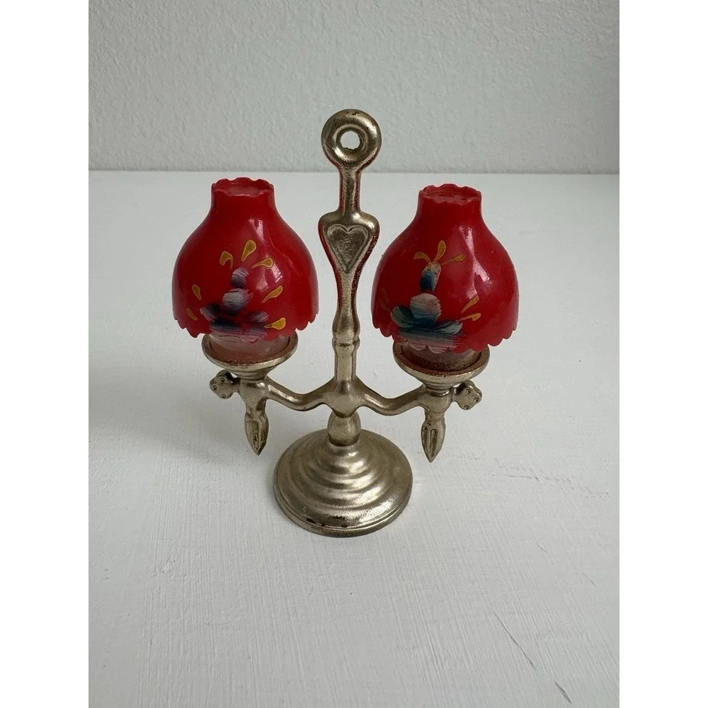 Vintage Mini Oil Lamp Salt Pepper Shakers Red Glass Brass Tone Holder